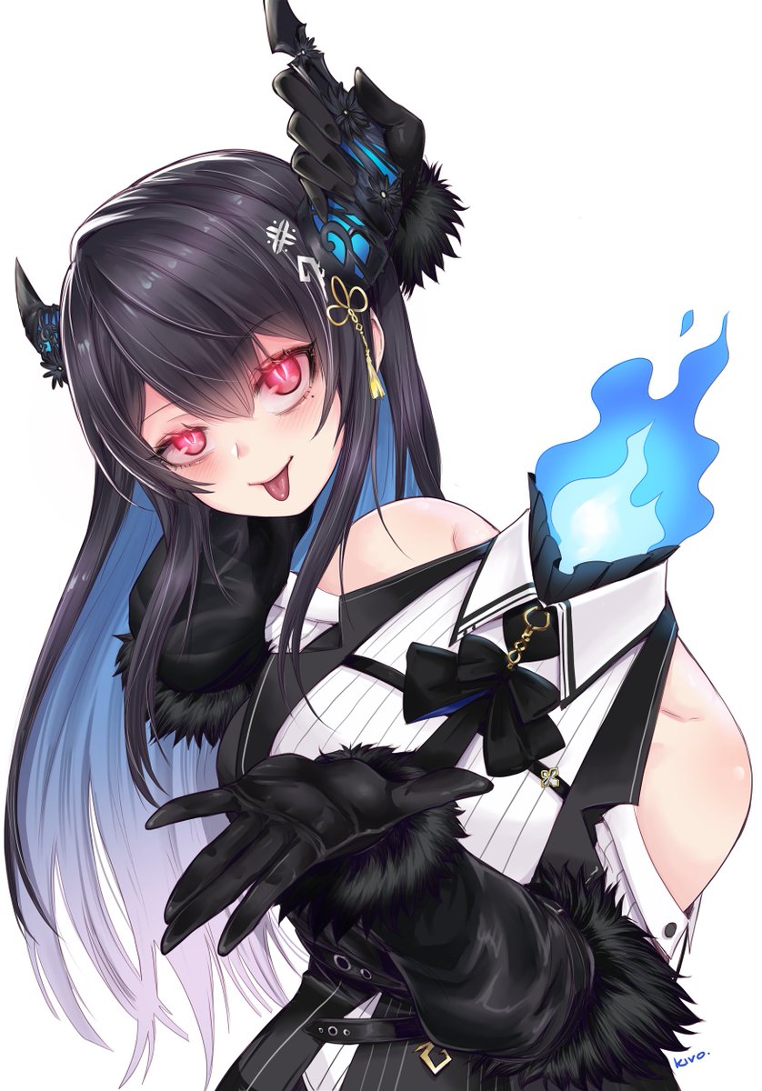 Hololive、Hololive英语、涅莉莎·雷文克劳夫特 1名女孩 举手 不对称角 露肩 黑色大衣