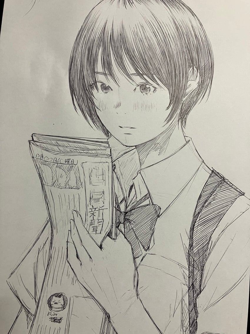 原创 1名女孩 蝴蝶结 锅盖头 有领衬衫 灰度