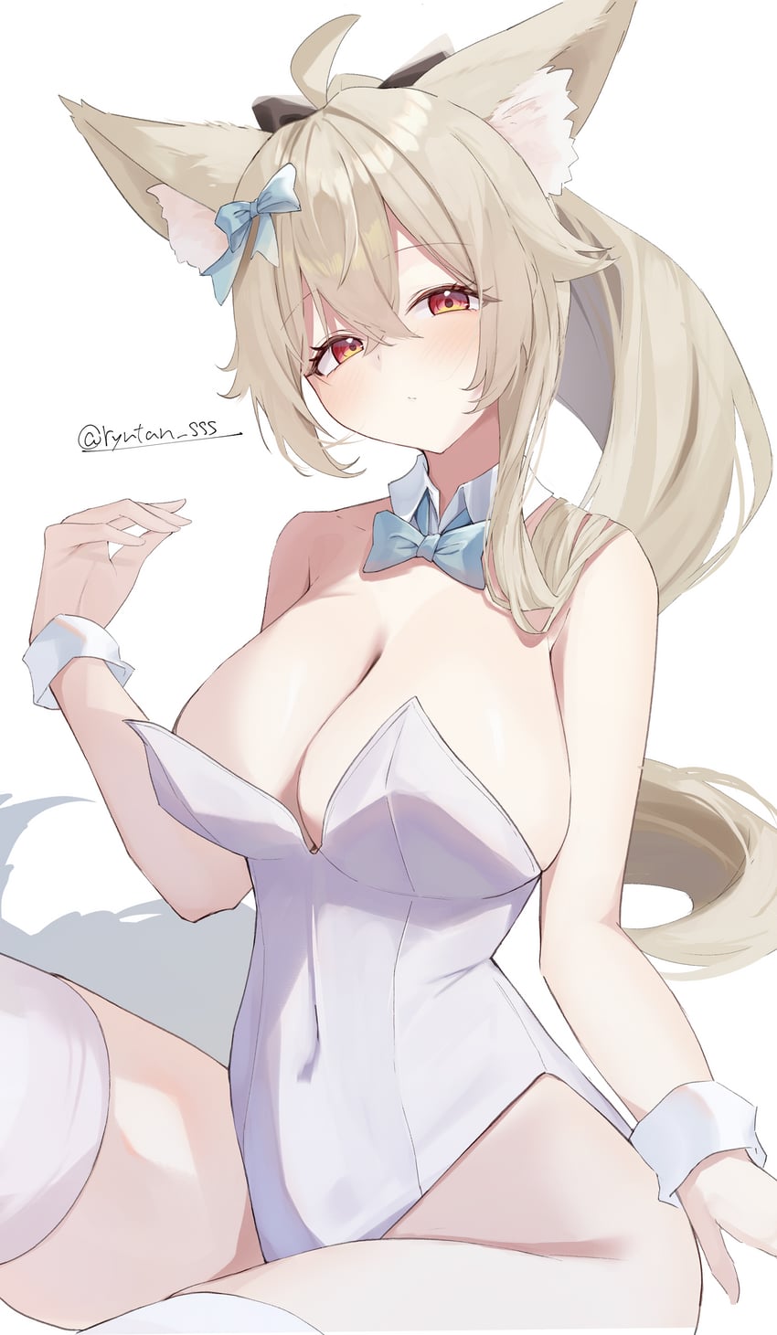 原创 1名女孩 兽耳毛 兽耳 露肩 蓝色蝴蝶结