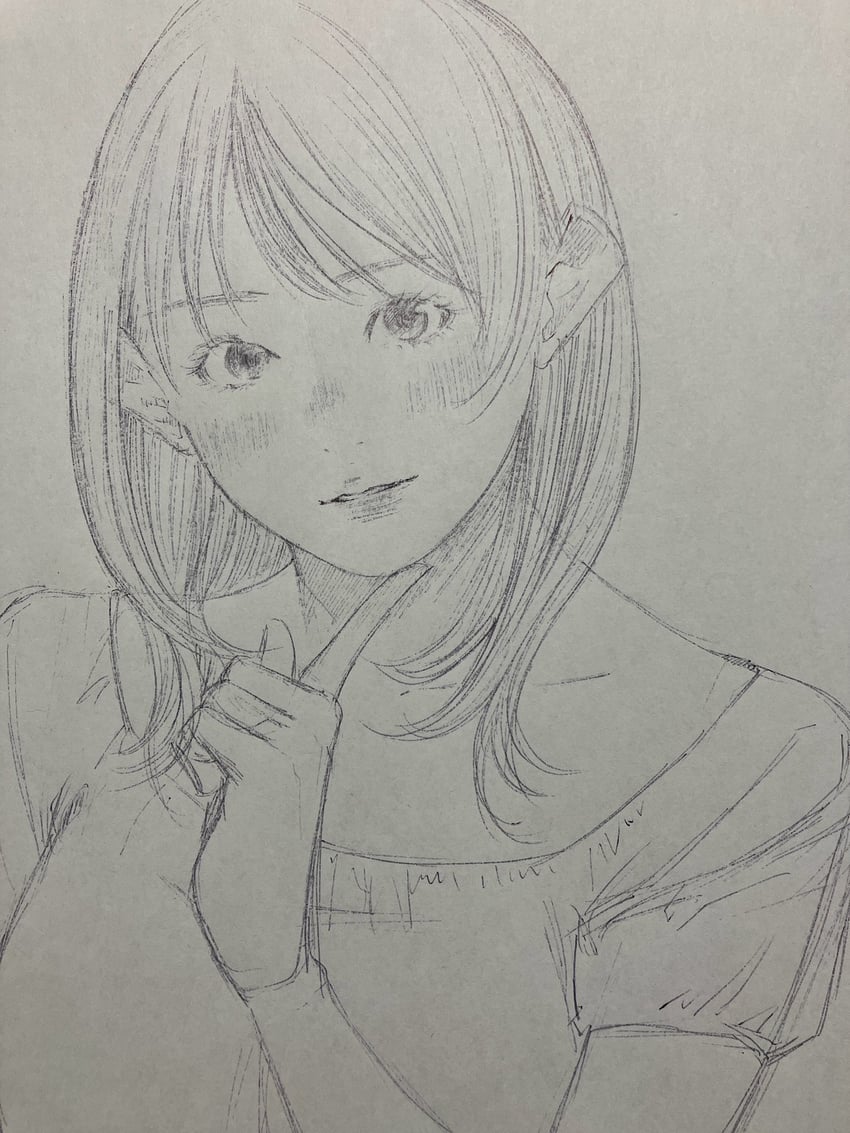 原创 1名女孩 脸红 手指抵着下巴 灰度 举手
