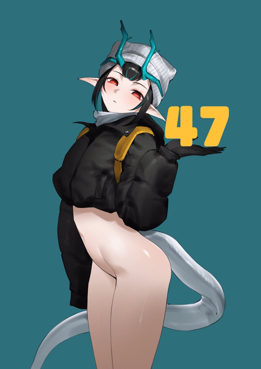 明日方舟、夕 (明日方舟) 1名女孩 裸腿 针织帽 黑色手套 黑色夹克
