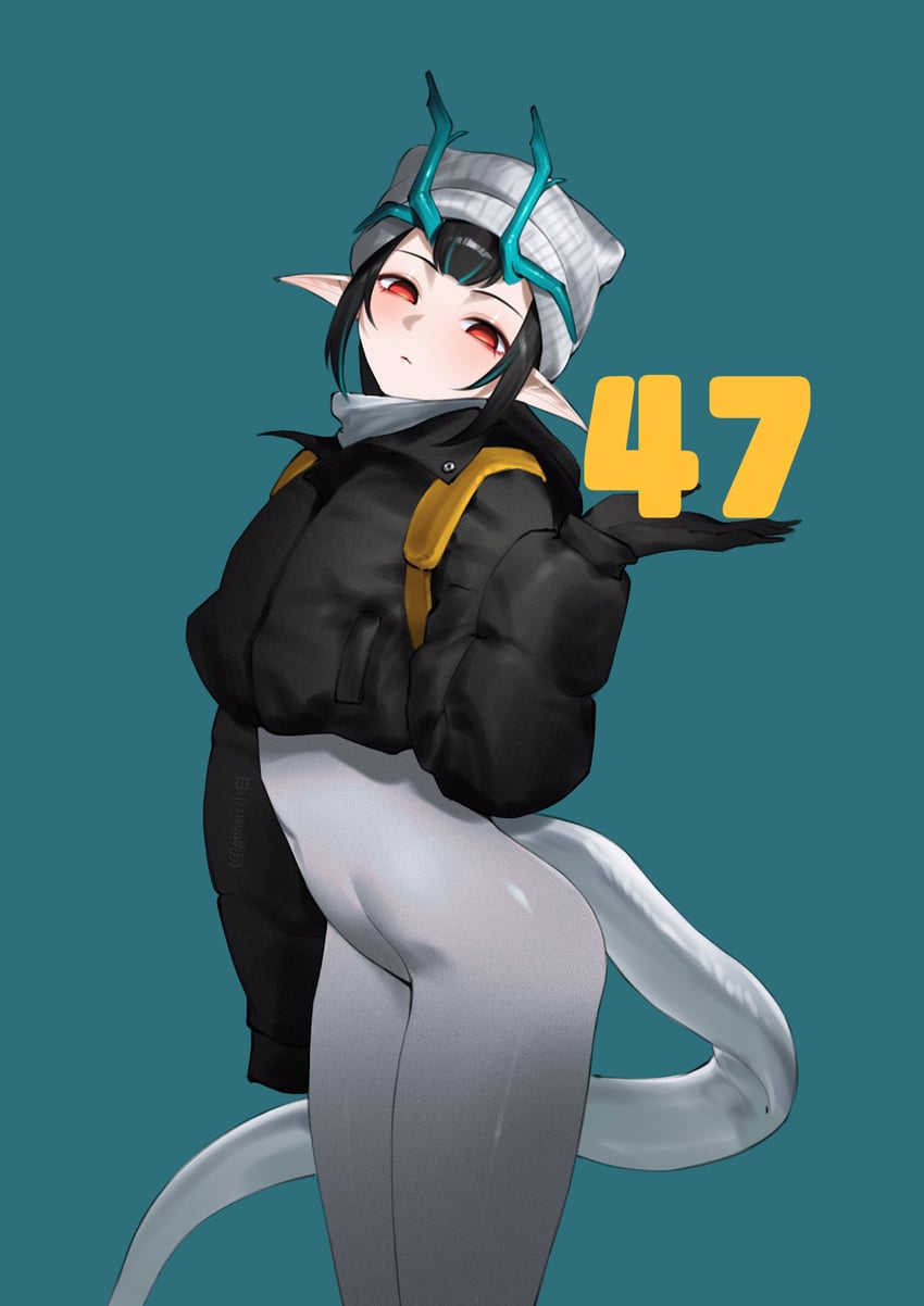 明日方舟、夕 (明日方舟) 1名女孩 针织帽 黑色手套 黑色夹克 脸红