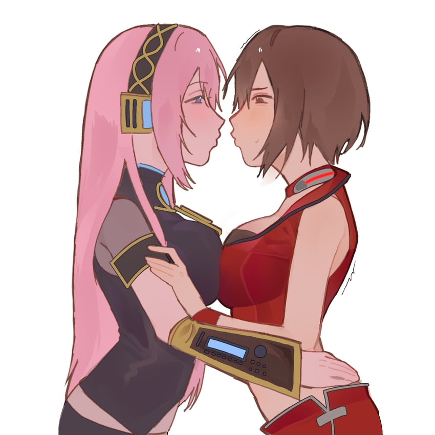 VOCALOID、巡音流歌、MEIKO 2名女孩 黑衬衫 黑色裙子 蓝发 乳房压迫