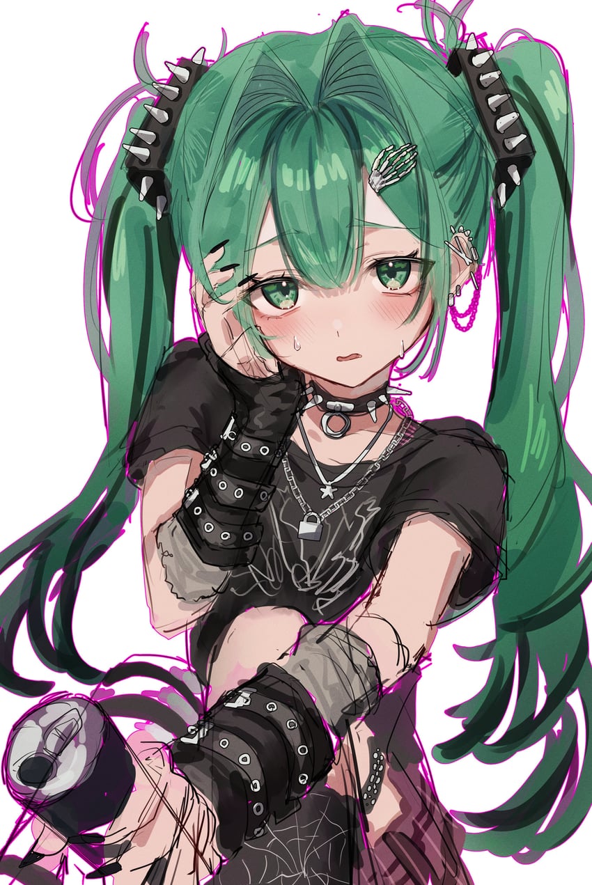 cocho cocho (vocaloid)、初音未来 1名女孩 黑色指甲 黑色裙子 脸红 罐子