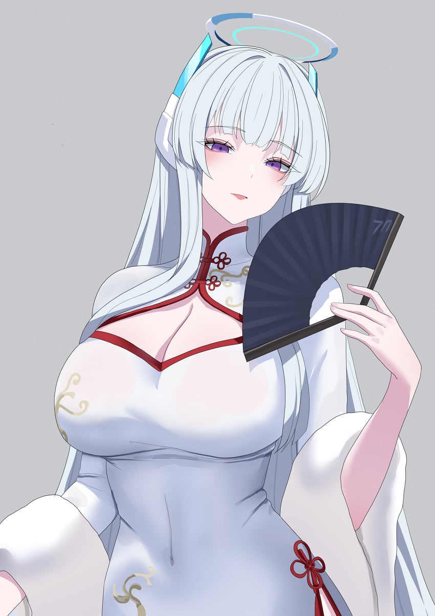 蔚蓝档案、乃爱 (蔚蓝档案) 1名女孩 蓝色光环 脸红 乳房 旗袍