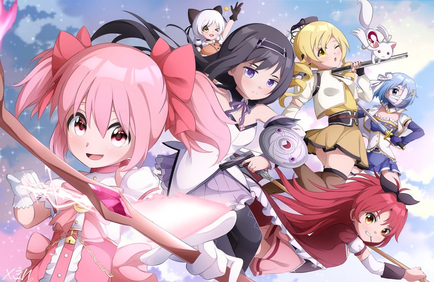 魔法少女小圆、魔法少女小圆：魔女之夜的回天、晓美焰 6个以上女孩 举手 黑色手套 黑发 金发