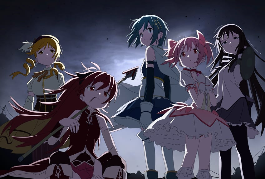 魔法少女小圆、晓美焰、晓美焰 (魔法少女) 5名女孩 臂盾 背影 黑色背景 黑瞳