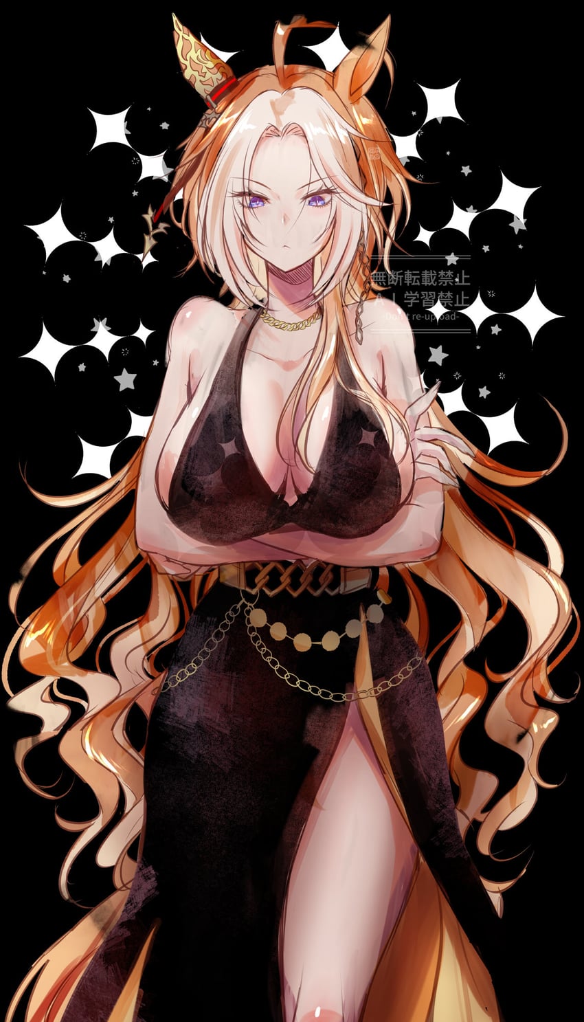 赛马娘、黄金巨匠 (赛马娘) 1名女孩 呆毛 露肩 黑色背景 乳房