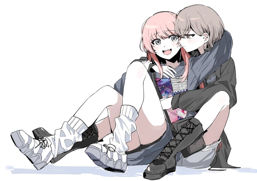BanG Dream!、Bang Dream! It's MyGO!!!!!、千早爱音 2名女孩 黑色靴子 黑色夹克 脸红 靴子