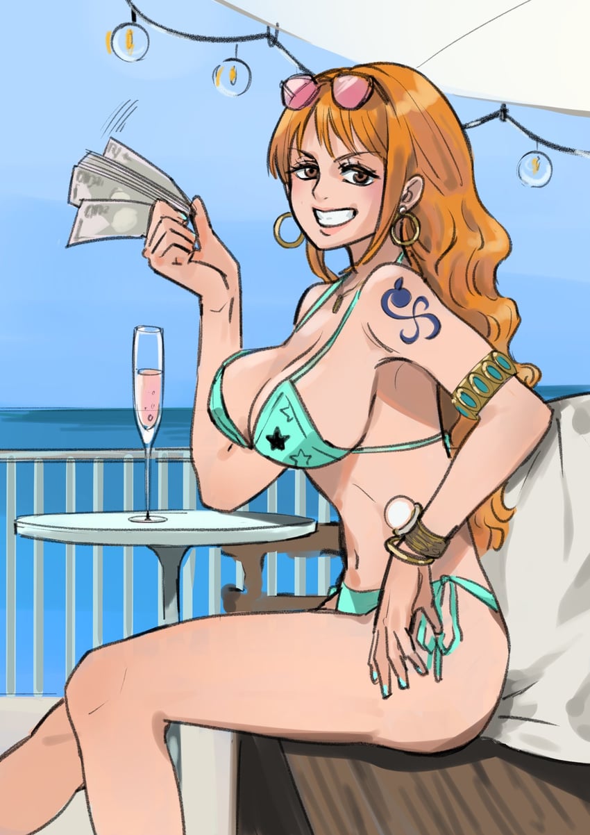 海贼王、娜美 (海贼王) 1名女孩 臂环 手镯 钞票 裸腿