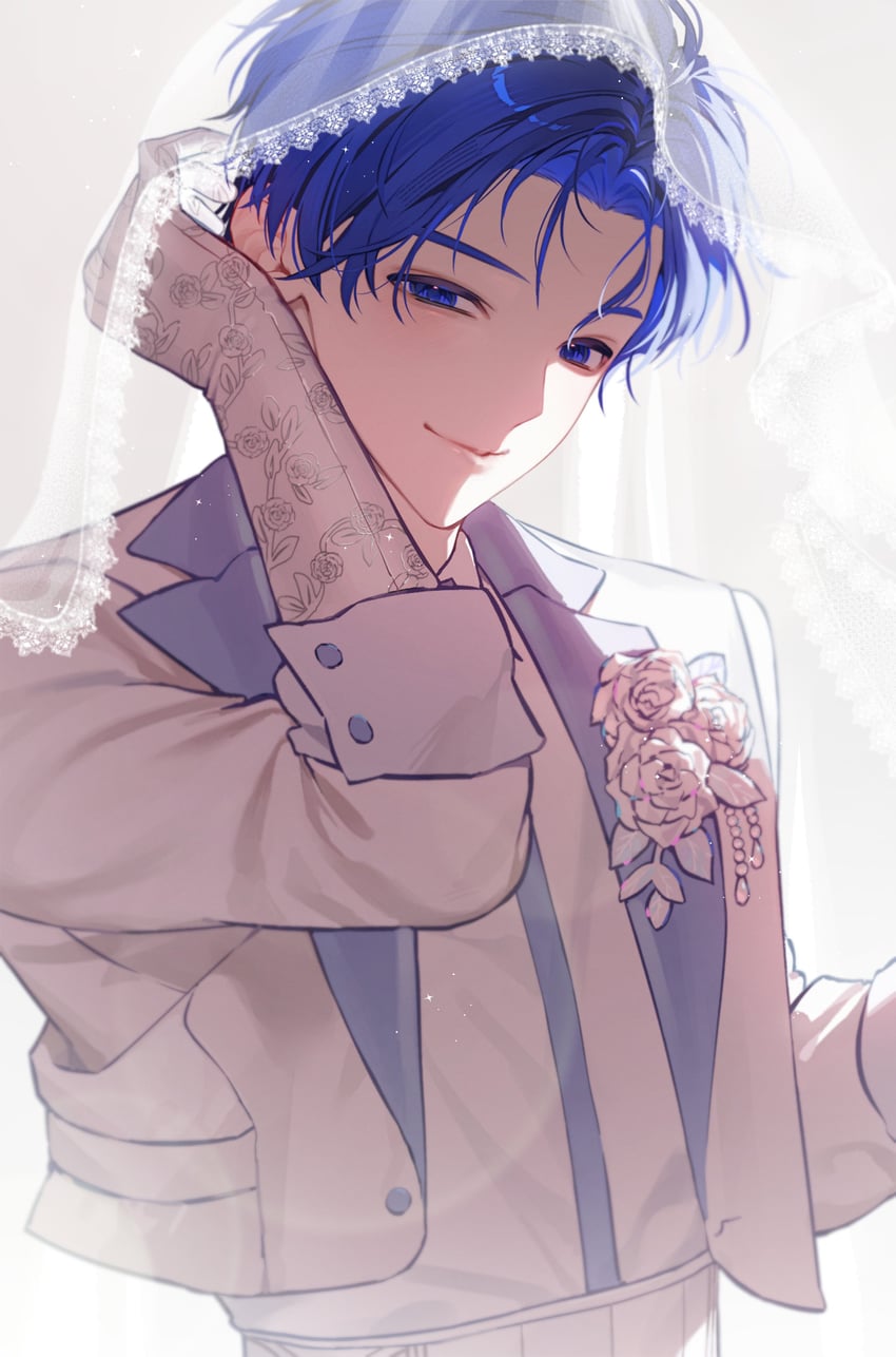 世界计划、VOCALOID、KAITO 1名男孩 蓝眼 蓝发 襟花 婚纱面纱