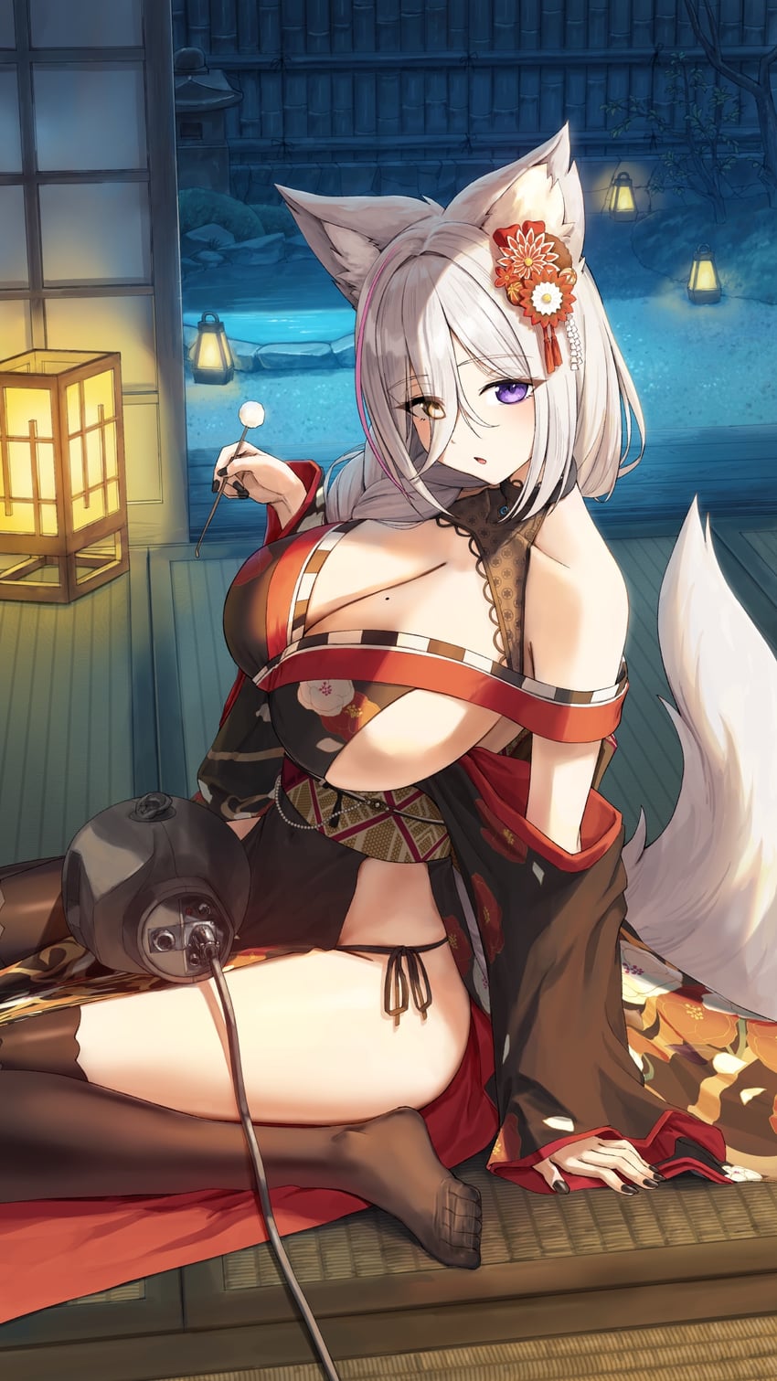 二次元插画 1名女孩 兽耳毛 兽耳 黑色指甲 黑色过膝袜