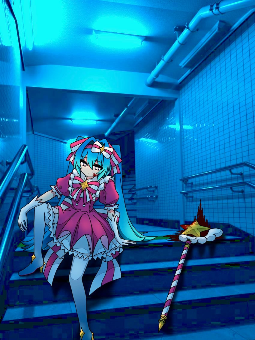立刻轮回 (Vocaloid)、VOCALOID、初音未来 1名女孩 水色发 后背蝴蝶结 血 脸上带血