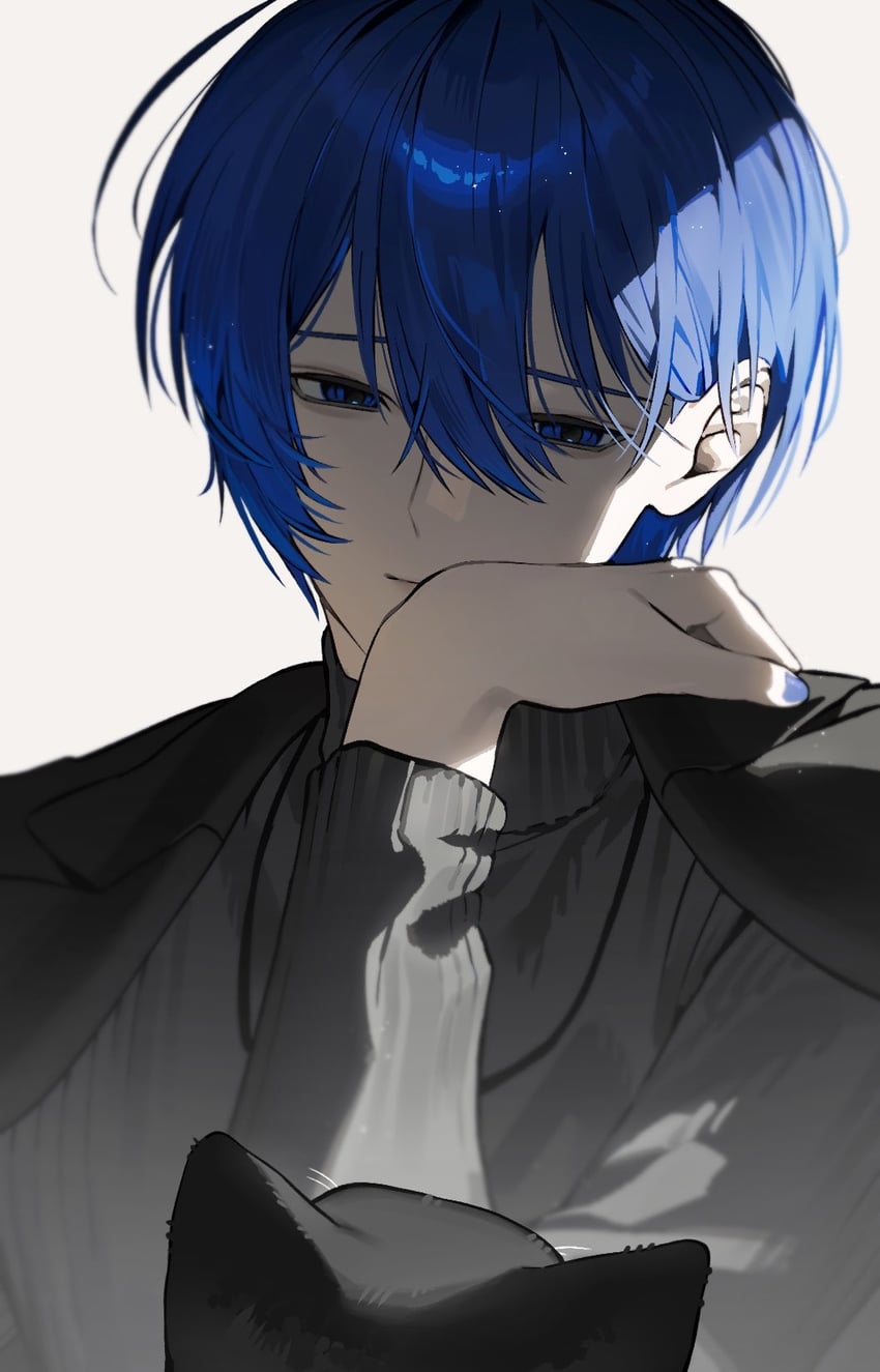 VOCALOID、KAITO 1名男孩 黑猫 黑色夹克 黑色毛衣 蓝眼