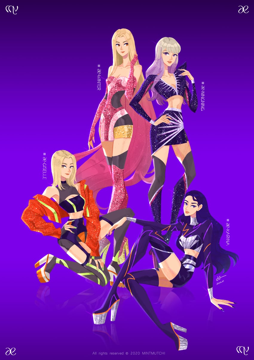 aespa、内永枝利 (Giselle)、Karina 4个女孩 作者名 露肩 金发 蓝发
