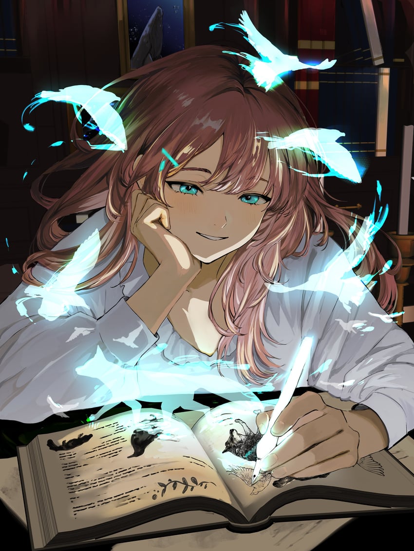Artisul、原创 1名女孩 水色瞳 鸟 蓝眼 书