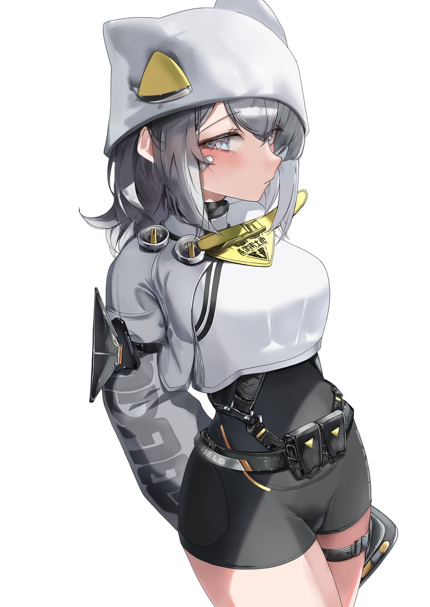 明日方舟、明日方舟：终末地、艾丝黛尔（明日方舟） 1名女孩 双手背在身后 黑色连体衣 紧身连体衣 牛仔镜头