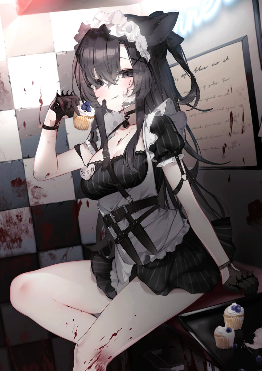 原创 1名女孩 兽耳 围裙 创可贴 脸颊上的创可贴