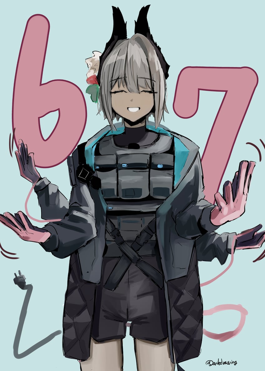 明日方舟、莱蒂亚 (明日方舟) 1名女孩 67 (梗图) 弹药带 鸟娘 黑色夹克