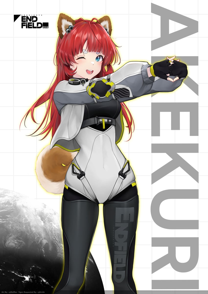 明日方舟、明日方舟：终末地、阿克克利（明日方舟） 1名女孩 兽耳 举起双手 黑色手套 蓝眼