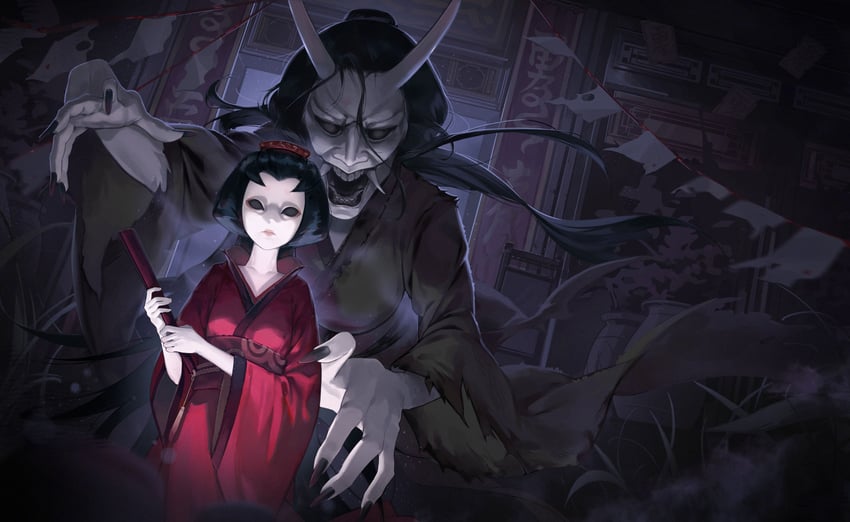 原创 1名女孩 1个其他角色 黑瞳 黑发 黑色指甲