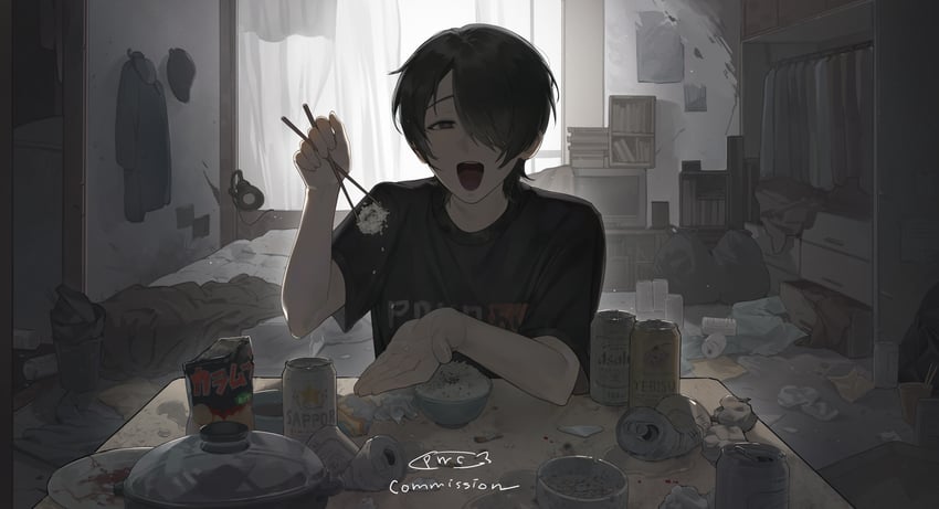 原创 1名男孩 啤酒罐 黑瞳 黑发 黑衬衫