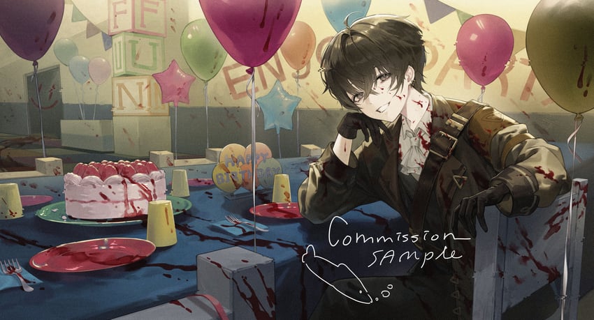 原创 1名男孩 气球 生日蛋糕 黑瞳 黑色手套