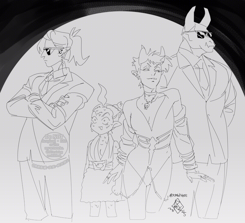 Drawfee、Drawga、demon johnny 1名男孩 3人女子 呆毛 项圈 交叉双臂