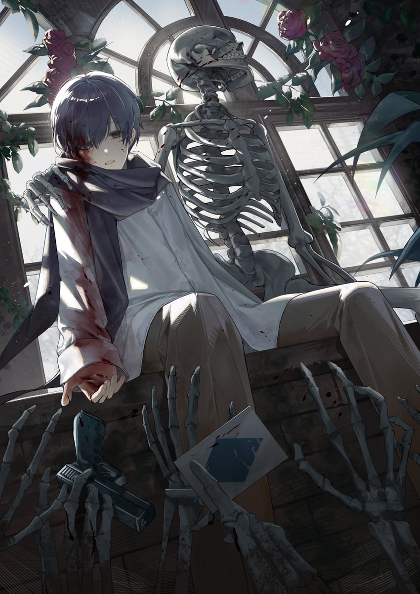 人柱爱丽丝、VOCALOID、KAITO 1名男孩 血 衣服上的血迹 脸上带血 蓝眼