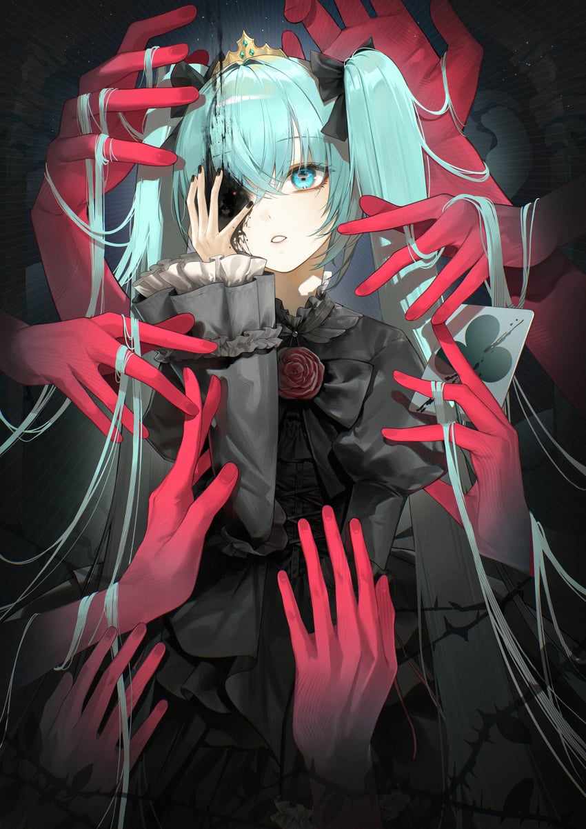 人柱爱丽丝、VOCALOID、初音未来 1名女孩 水色瞳 水色发 黑色蝴蝶结 黑色连衣裙