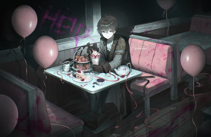 原创 1名男孩 气球 黑色大衣 黑瞳 黑色手套