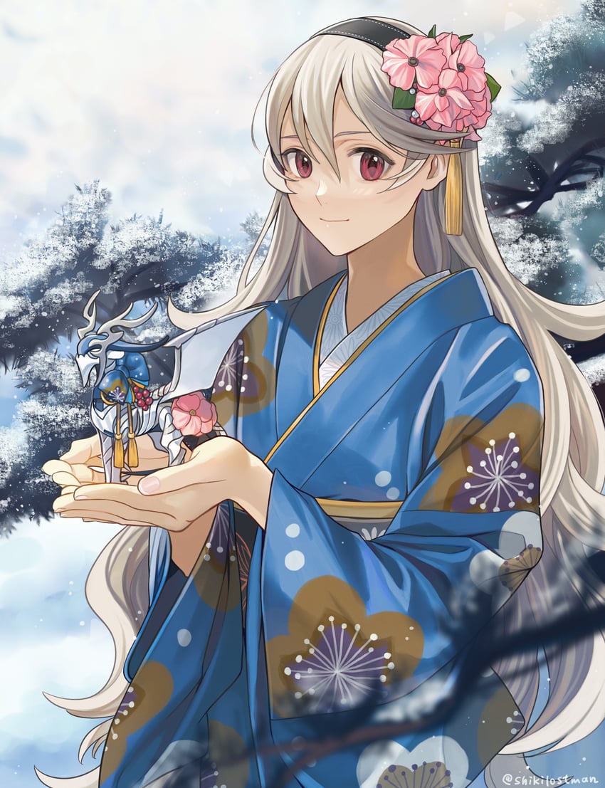 火焰纹章、火焰之纹章：if、神威 (龙) (火焰之纹章) 1名女孩 作者名 黑色发带 蓝色和服 闭嘴