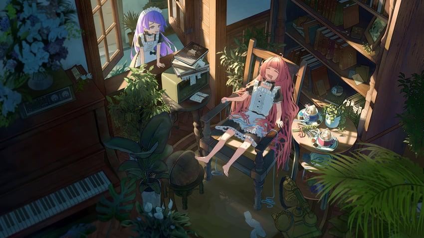 原创 2名女孩 极度精细构图 呆毛 指针时钟 古董电话