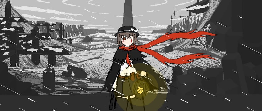 edge of realm、东方Project、宇佐见莲子 1名女孩 呆滞脸 黑色披肩 黑帽子 黑色裙子