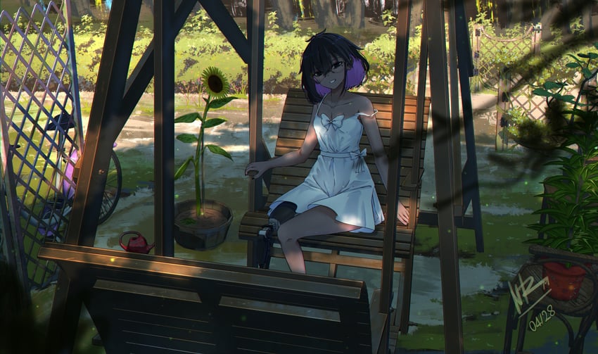 原创、gojo rikako (nanoram) 1名女孩 截肢 手放在身体两侧 长椅 自行车