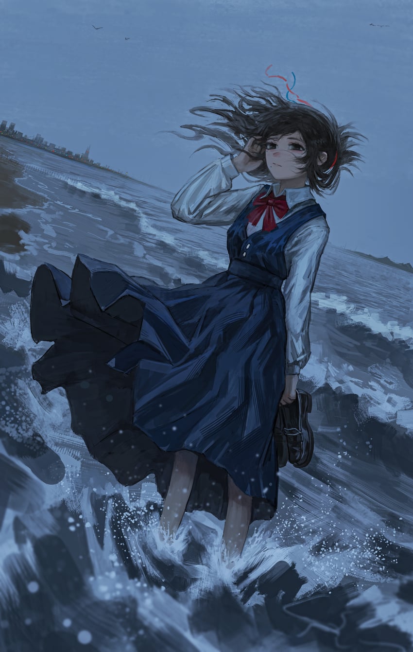 原创 1名女孩 手臂放在侧边 海滩 黑瞳 黑发