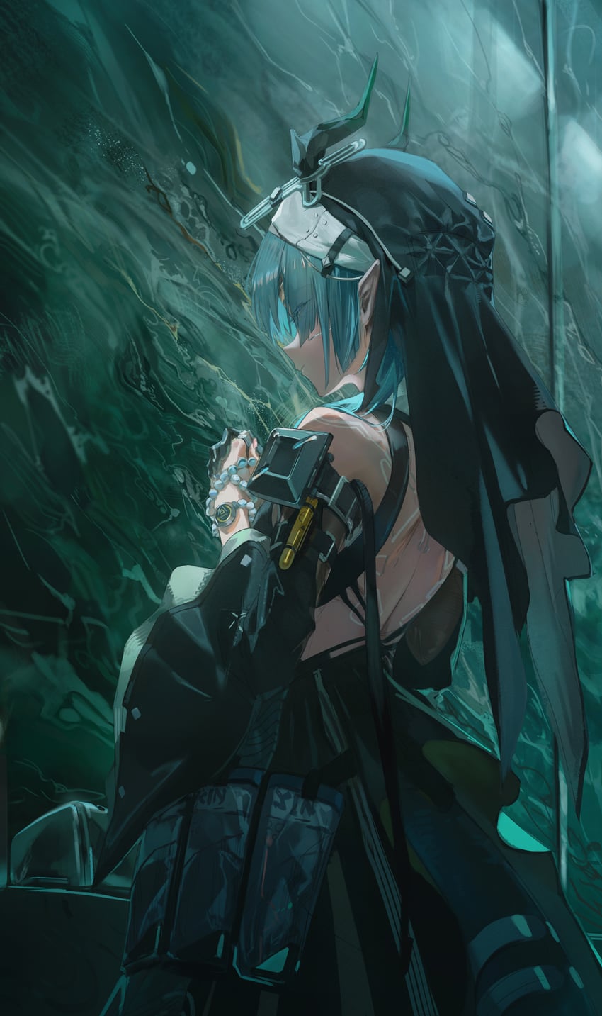 明日方舟、明日方舟：终末地、塞赫 (明日方舟) 1名女孩 背部纹身 裸背 露肩 黑色连衣裙