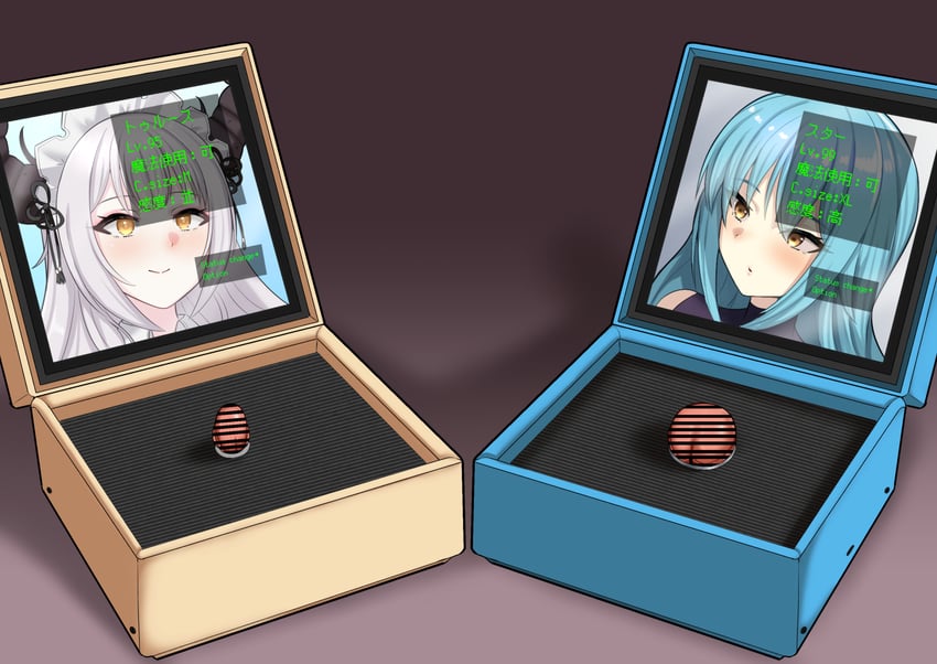 原创 2名女孩 条状遮挡 蓝发 盒子 已打码