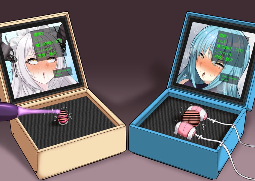 原创 2名女孩 阿黑颜 条状遮挡 蓝发 脸红