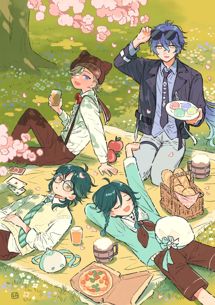 原神、弗林斯 (原神)、flins (spring blossom tales) (genshin impact) 4个男孩 调整眼镜 呆毛 动物形状包 苹果