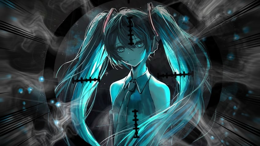 VOCALOID、初音未来 1名女孩 水色瞳 水色发 水蓝色领带 露肩袖