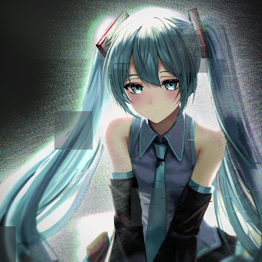 VOCALOID、初音未来 1名女孩 水色瞳 水色发 水蓝色领带 黑色袖子
