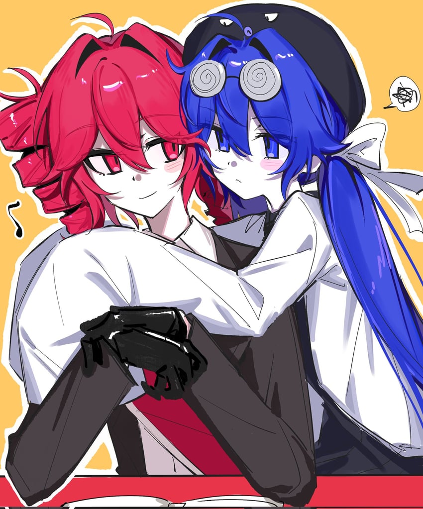 UTAU、VOCALOID、重音Teto 2名女孩 呆毛 黑色手套 黑色夹克 蓝发