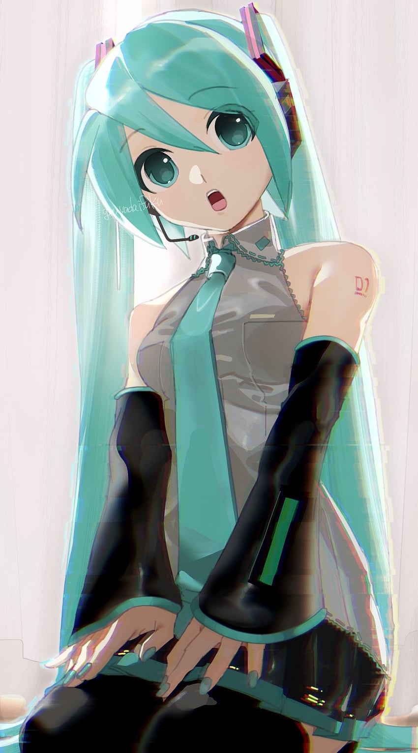 VOCALOID、初音未来 1名女孩 水色瞳 水色发 水蓝色指甲 水蓝色领带