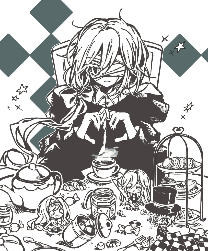 kururingo、toaru ikka no tea party (vocaloid)、apricot tea (kururingo) 2个男孩 2名女孩 单眼绷带 蝴蝶结 蛋糕