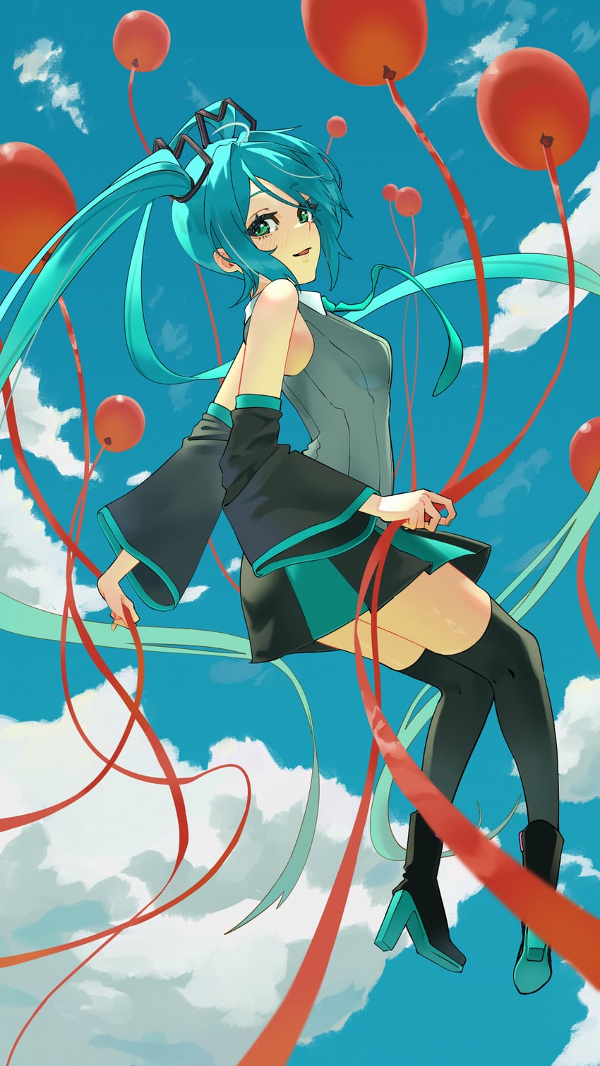 VOCALOID、初音未来、初音未来 (Vocaloid6) 1名女孩 水色瞳 水色发 水蓝色领带 露肩