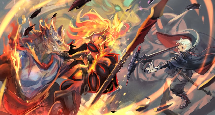 Pixiv Fantasia、Pixiv Fantasia Last Saga 1名女孩 2个男孩 black boos 黑色手套 燃烧
