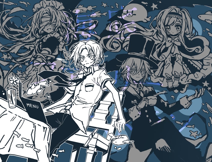 kaitei family restaurant (vocaloid)、kururingo、apricot tea (kururingo) 2个男孩 2名女孩 围裙 蒙眼 蓝色主题