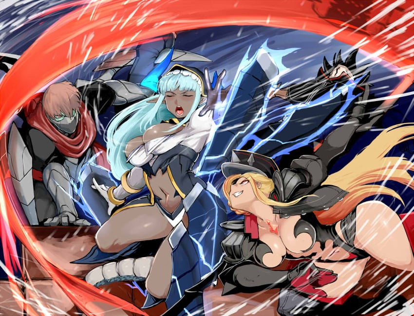 Pixiv Fantasia、Pixiv Fantasia Last Saga、八脚罗兹妮尔 2名女孩 举手 气场 黑色手套 黑帽子