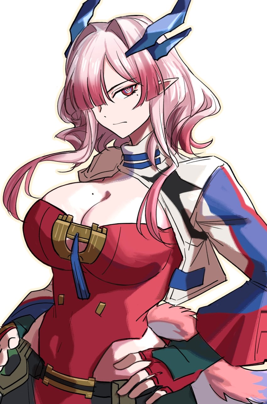 明日方舟、明日方舟：终末地、弥伏 (明日方舟) 1名女孩 乳房 服装镂空 毛茸茸的尾巴 叉腰